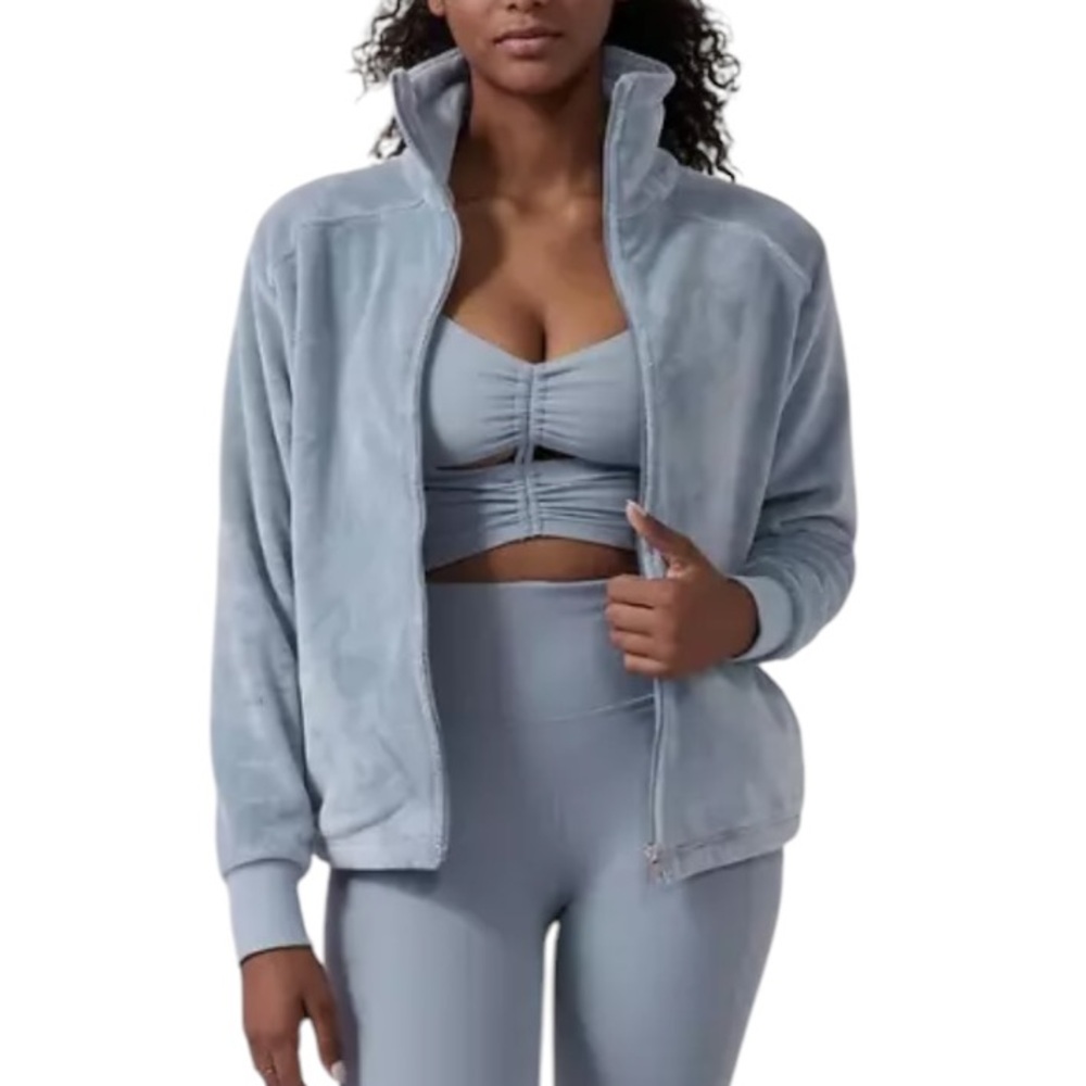 Athleta Double Cozy Karma Recover Bomber Gray Blue Star Fleece Jacket - S Tall